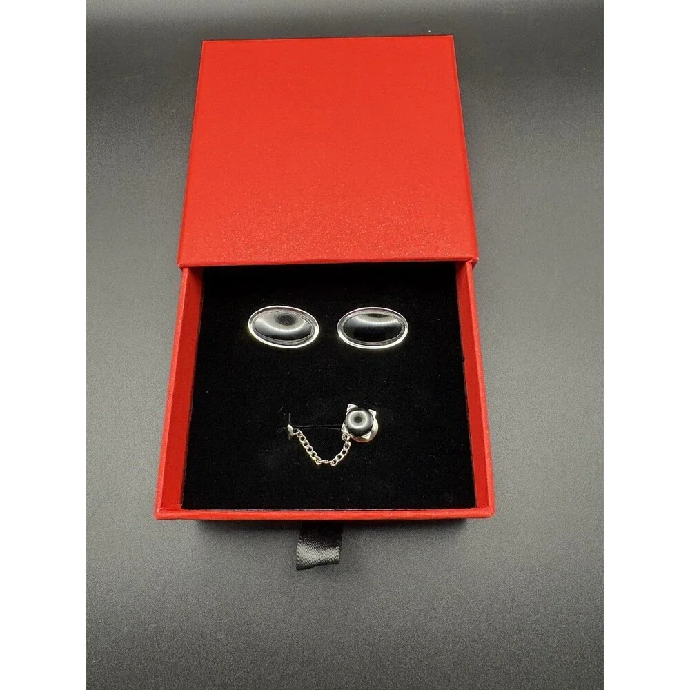 Vintage Black Onyx Cufflinks Tie Tack Chain Set Silver Tone Oval Formal Mens